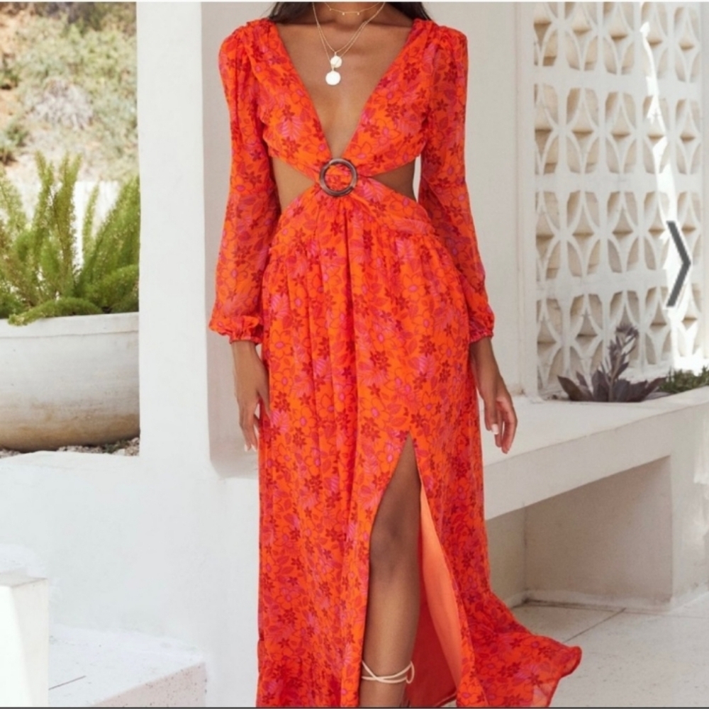 VICI Floral Orange and Pink Maxi Dress Cut-out detail Sz-L - Picture 2 of 7